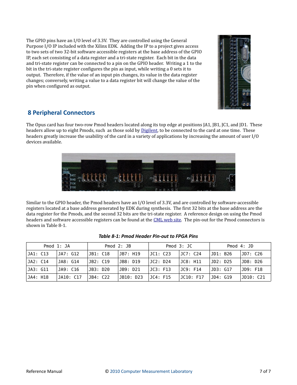 8 peripheral connectors, Table 8-1: pmod header pin-out to fpga pins | Digilent 6005-210-000 User Manual | Page 7 / 7