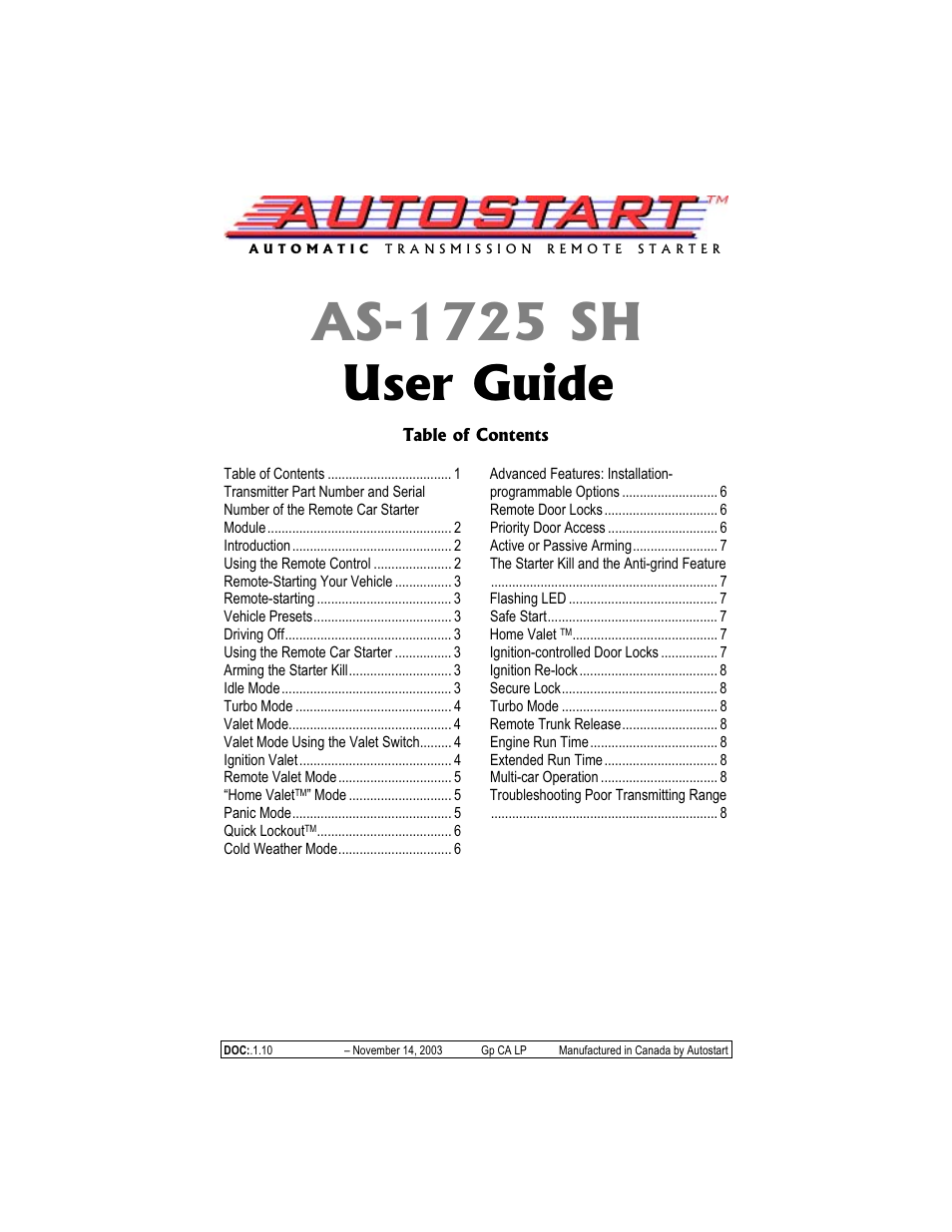 Autostart AS-1725 SH User Manual | 9 pages