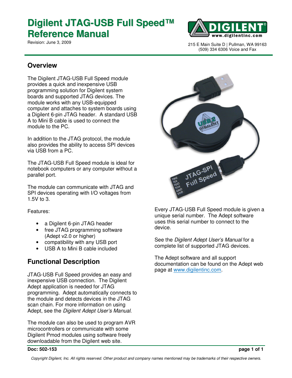 Digilent JTAG-USB Full Speed User Manual | 1 page
