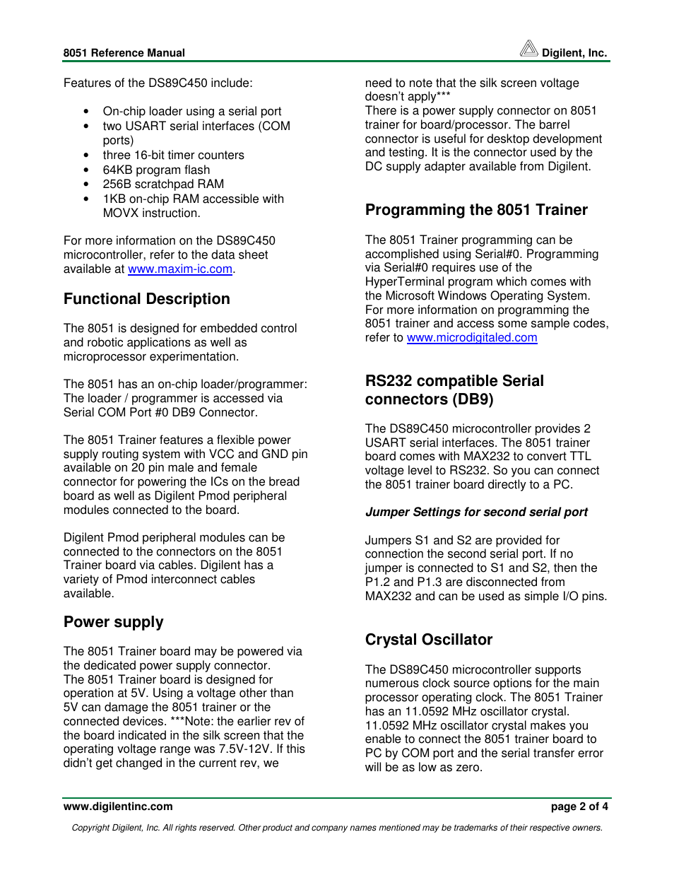 Functional description, Power supply, Programming the 8051 trainer | Rs232 compatible serial connectors (db9), Crystal oscillator | Digilent 6014-210-000-KIT User Manual | Page 2 / 4
