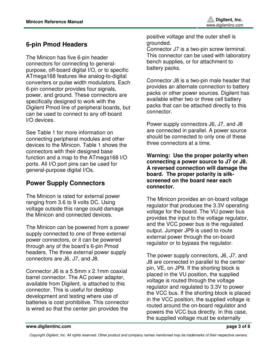 Pin pmod headers, Power supply connectors | Digilent Minicon User Manual | Page 3 / 8