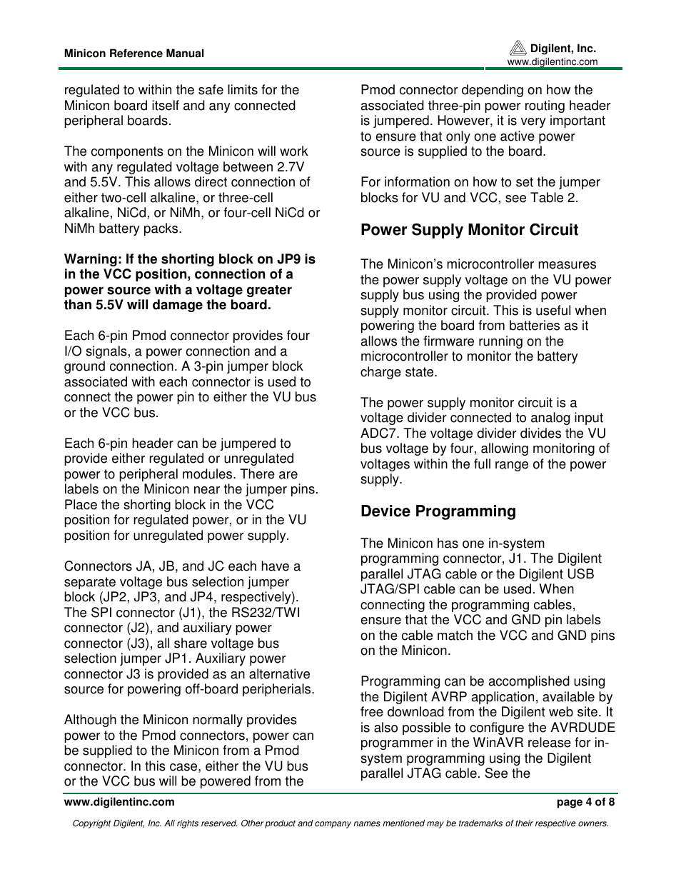 Power supply monitor circuit, Device programming | Digilent Minicon User Manual | Page 4 / 8