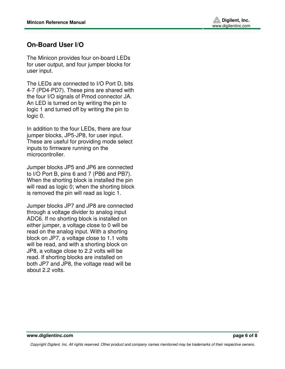 On-board user i/o | Digilent Minicon User Manual | Page 6 / 8
