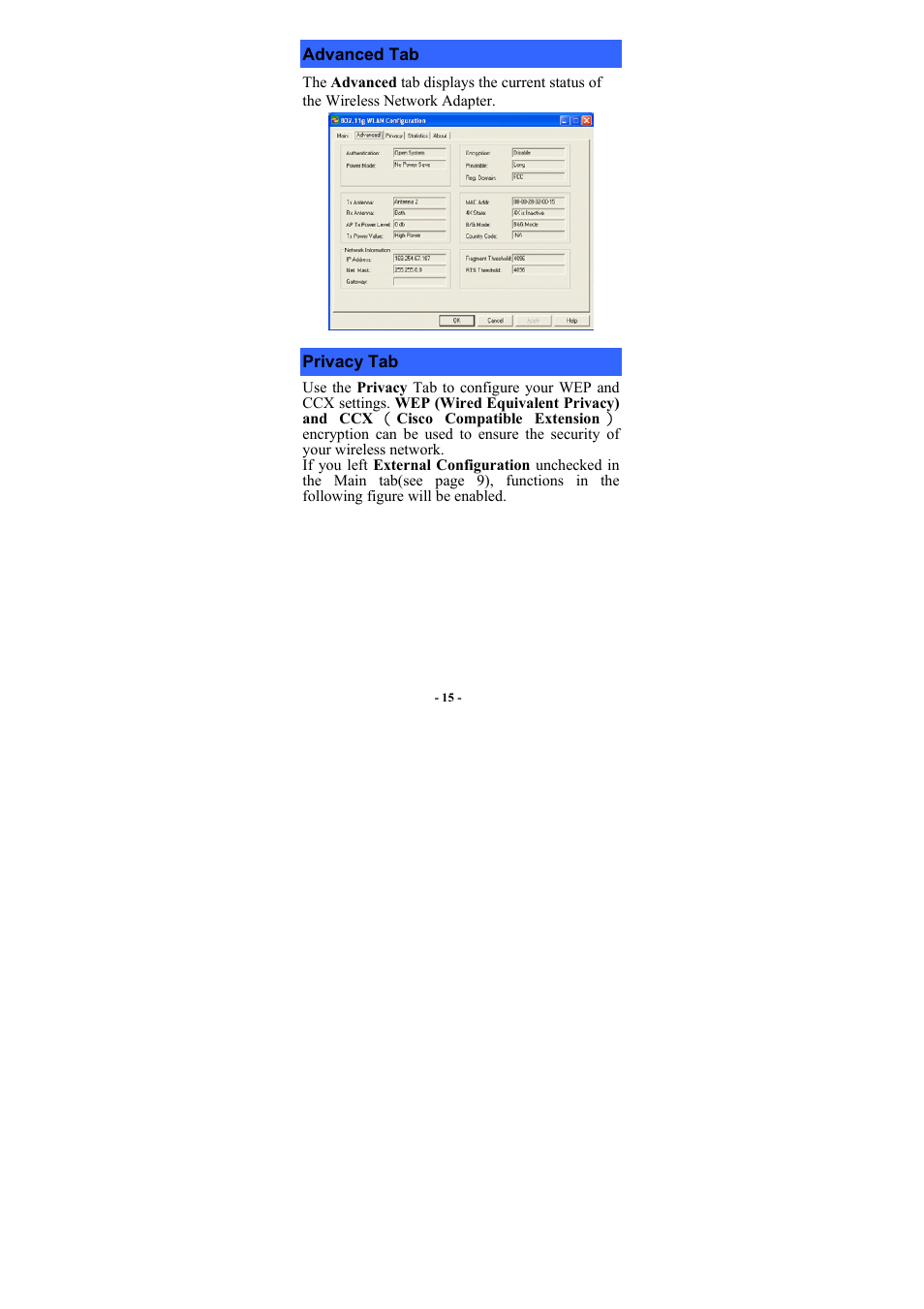 Advanced tab, Privacy tab | Boca Research Wireless LAN Card User Manual | Page 16 / 20
