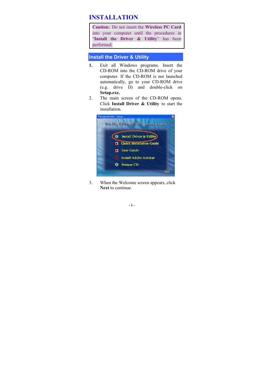 Installation, Install the driver & utility | Boca Research Wireless LAN Card User Manual | Page 2 / 20