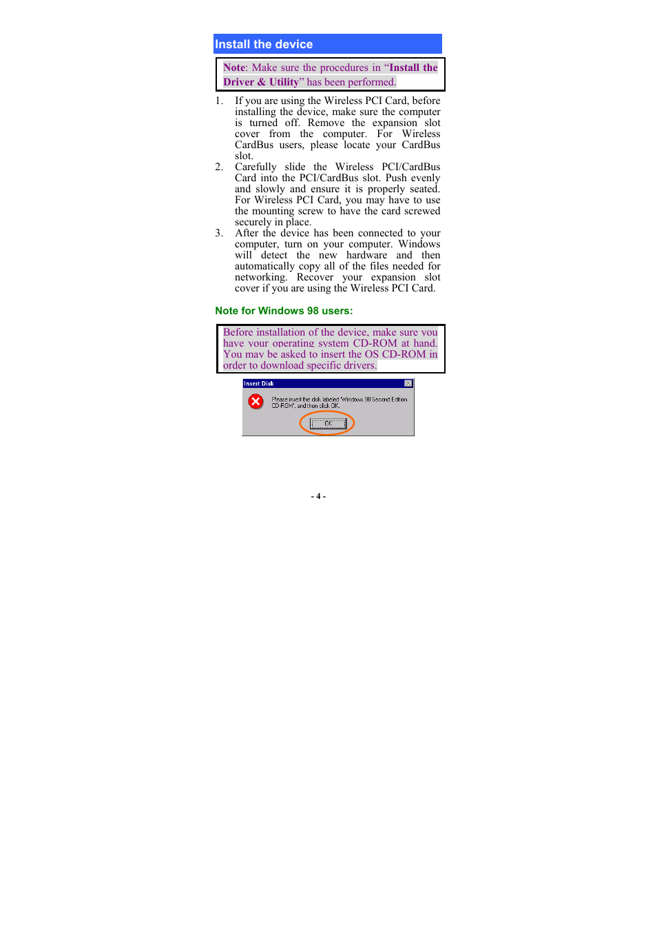 Install the device, Note for windows 98 users | Boca Research Wireless LAN Card User Manual | Page 5 / 20