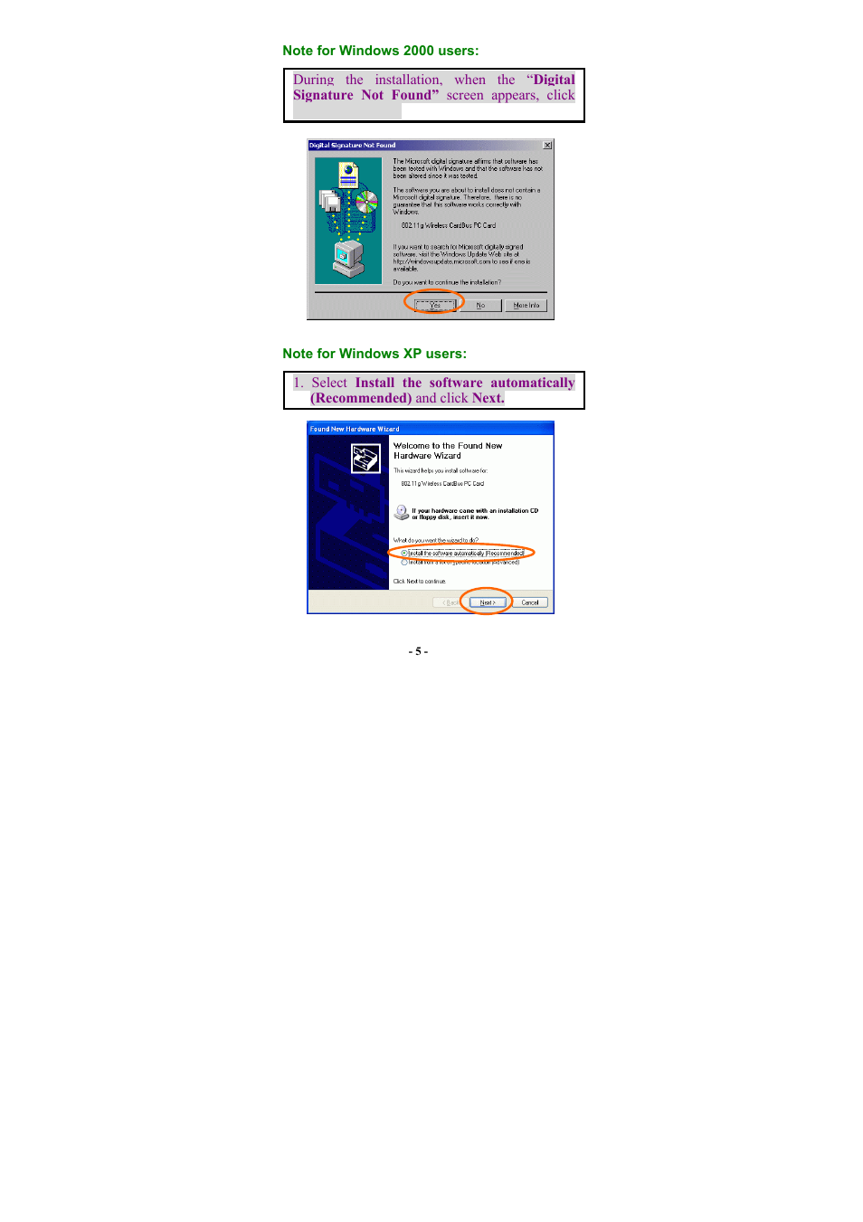 Note for windows 2000 users, Note for windows xp users | Boca Research Wireless LAN Card User Manual | Page 6 / 20