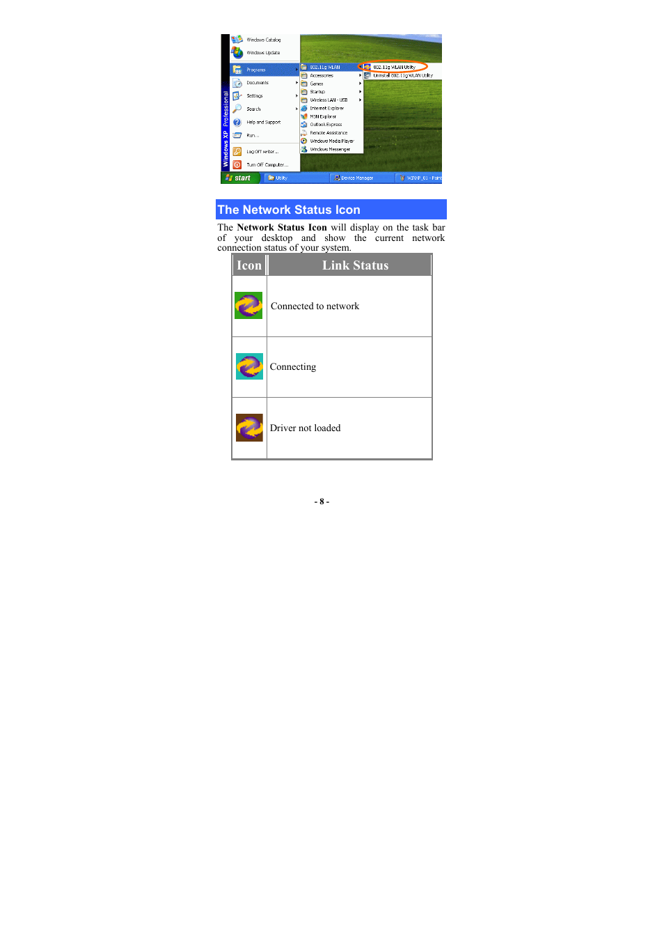 The network status icon | Boca Research Wireless LAN Card User Manual | Page 9 / 20