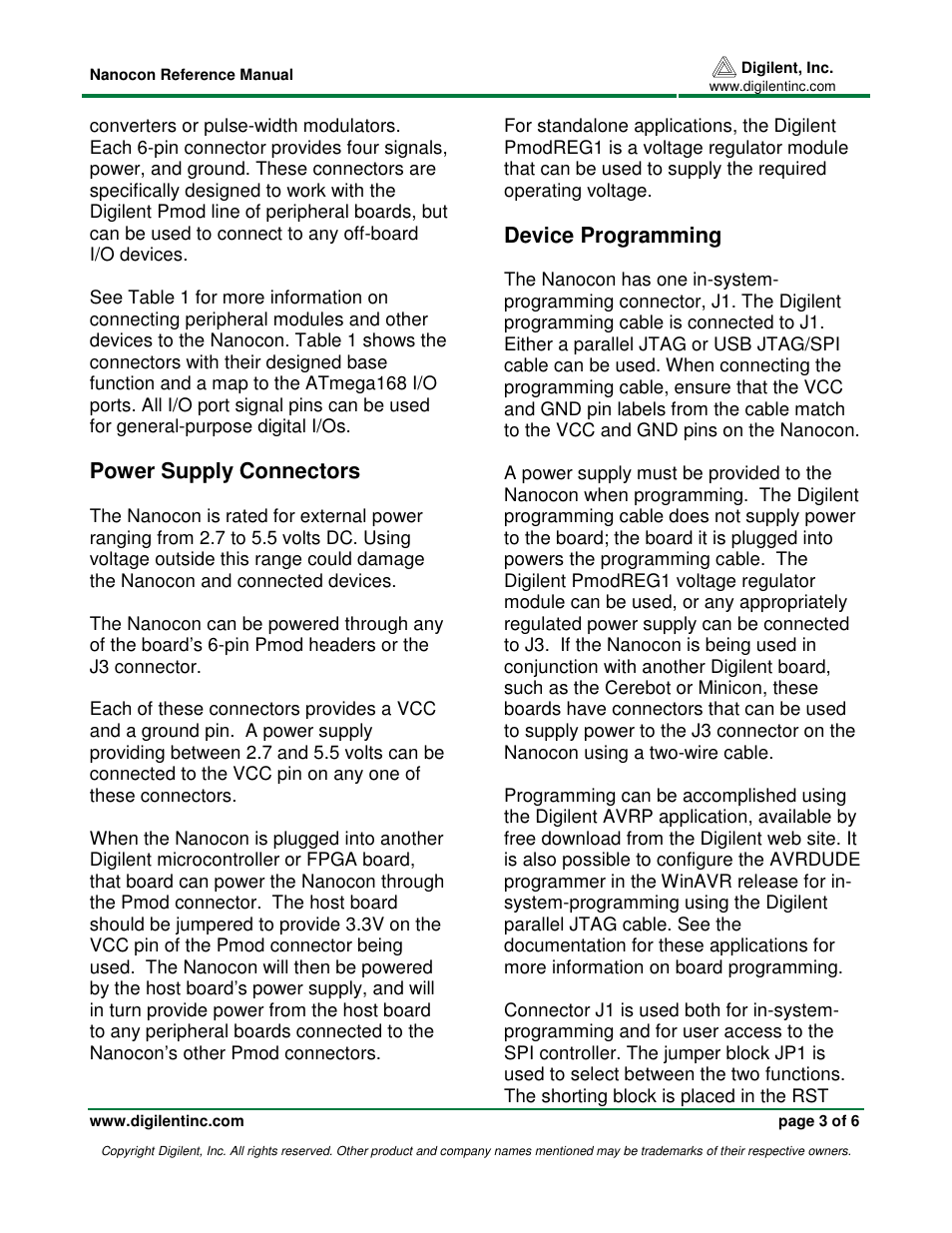 Power supply connectors, Device programming | Digilent Nanocon User Manual | Page 3 / 6