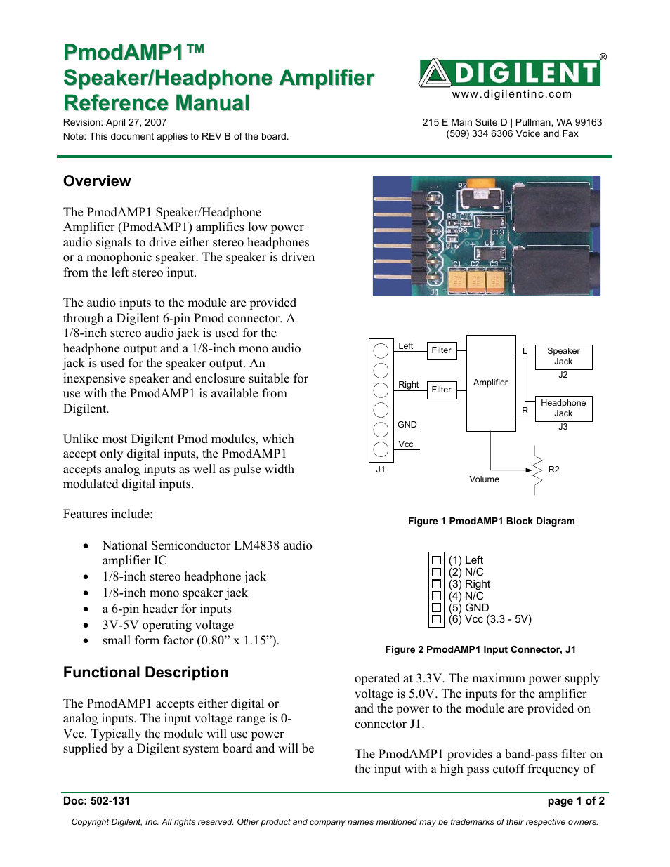 Digilent PmodAMP1 User Manual | 2 pages