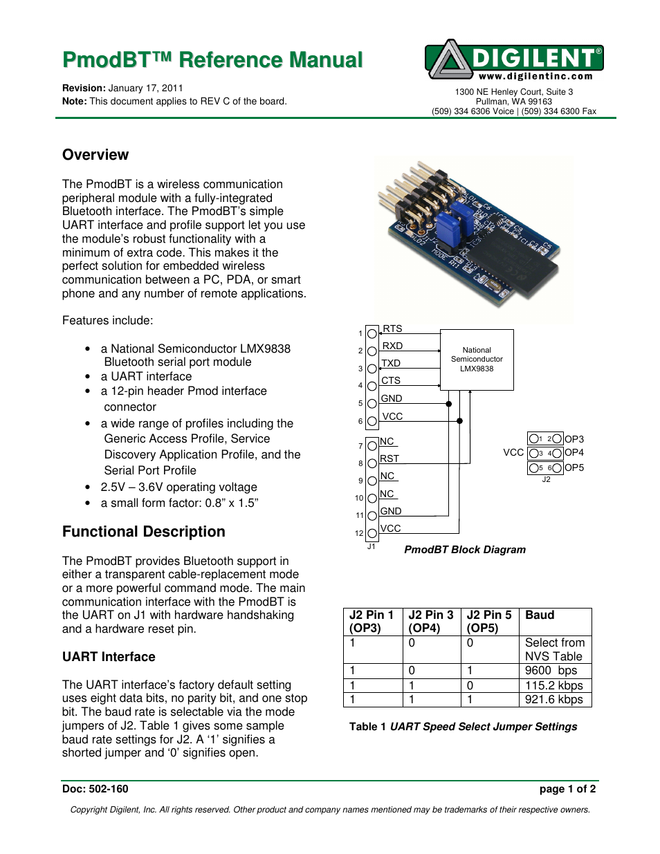 Digilent PmodBT User Manual | 2 pages