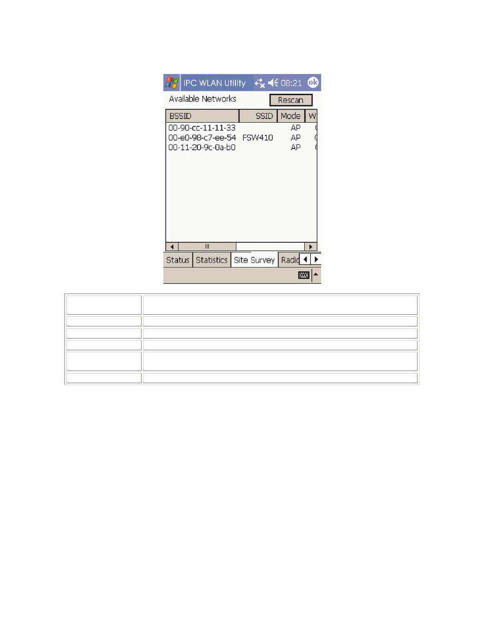 Site survey tab, Rescan | Boca Research SDIO Wireless LAN Card SDW11b User Manual | Page 10 / 14