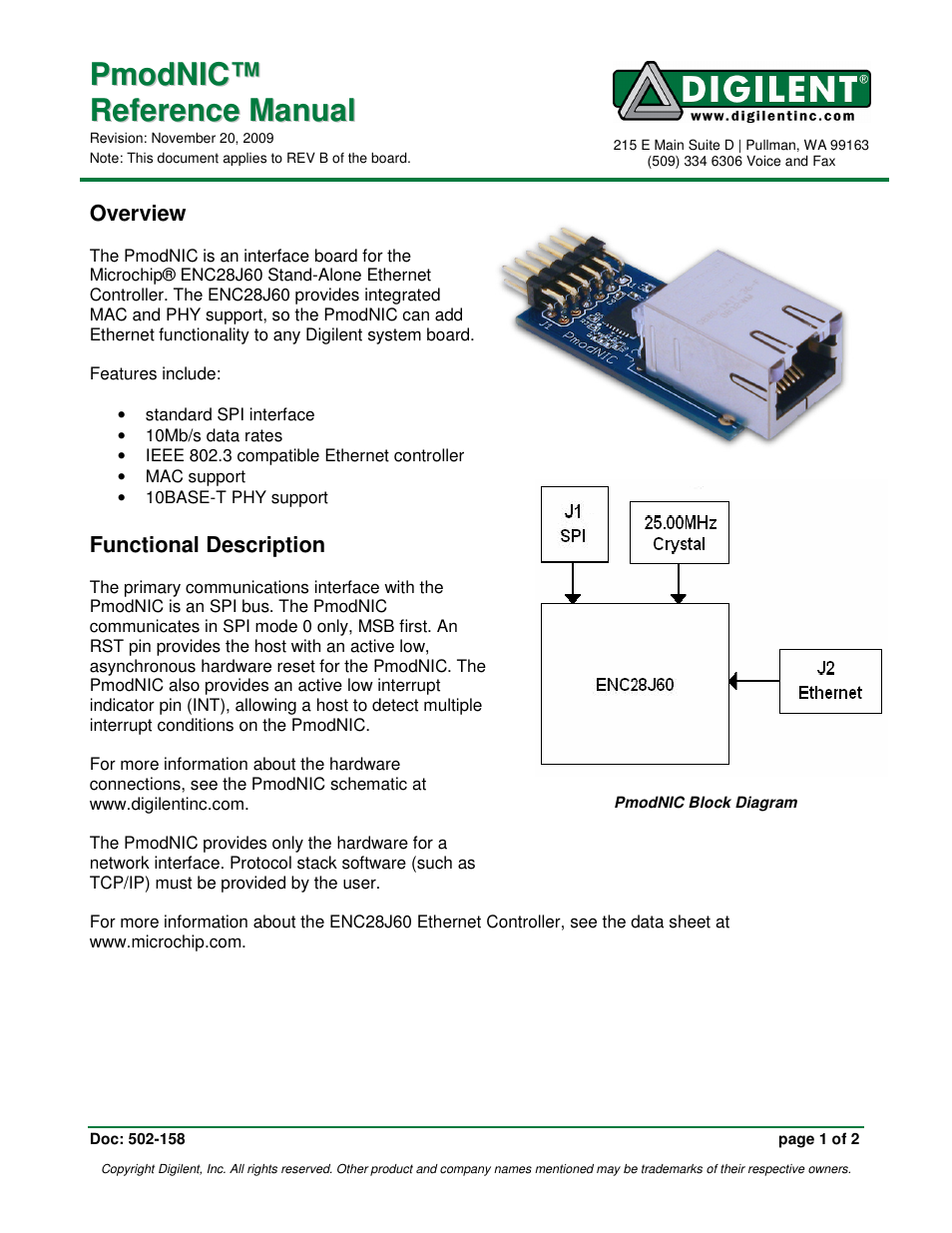 Digilent PmodNIC User Manual | 2 pages