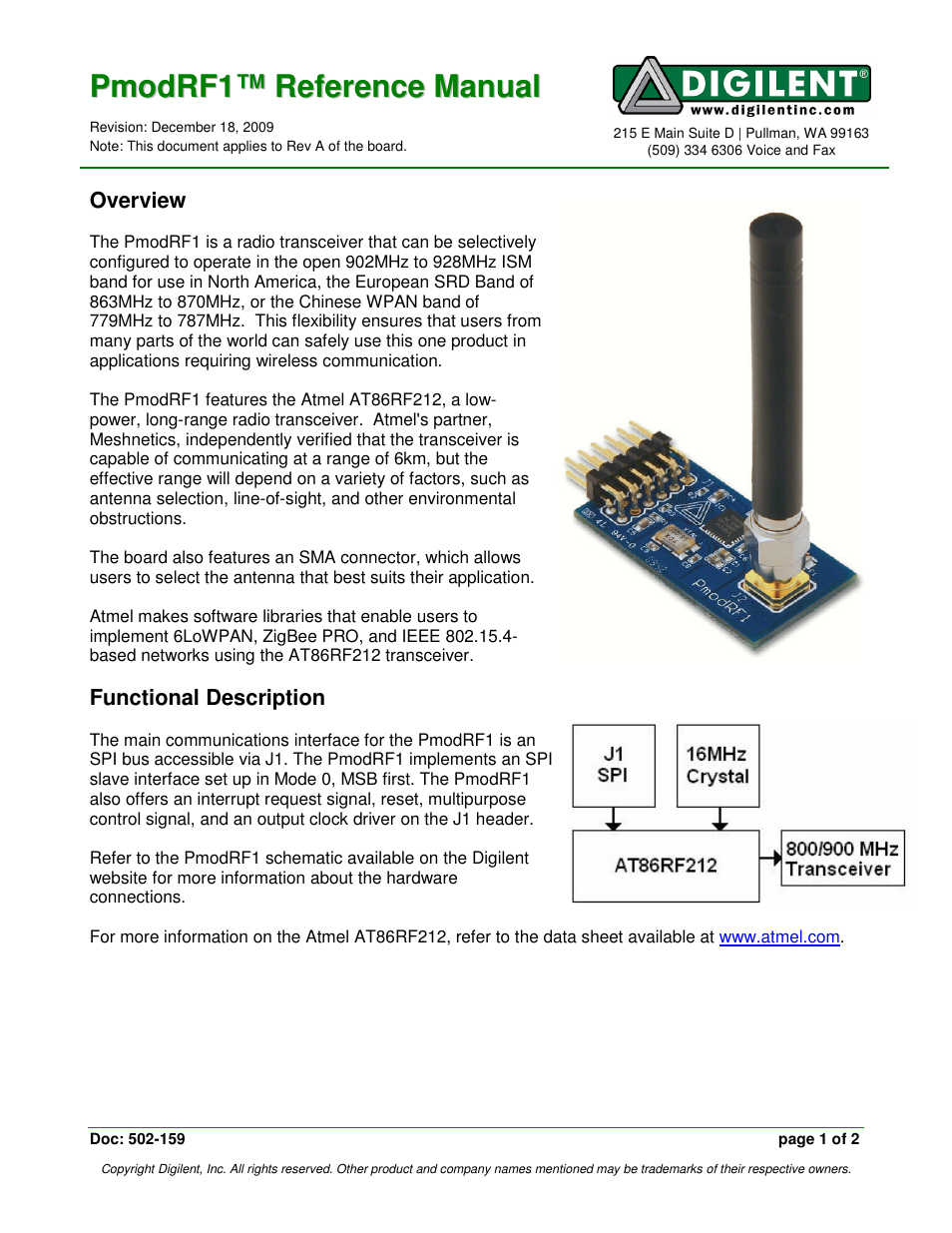 Digilent PmodRF1 User Manual | 2 pages