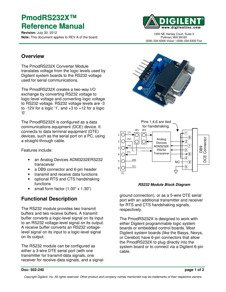 Digilent PmodRS232X User Manual | 2 pages