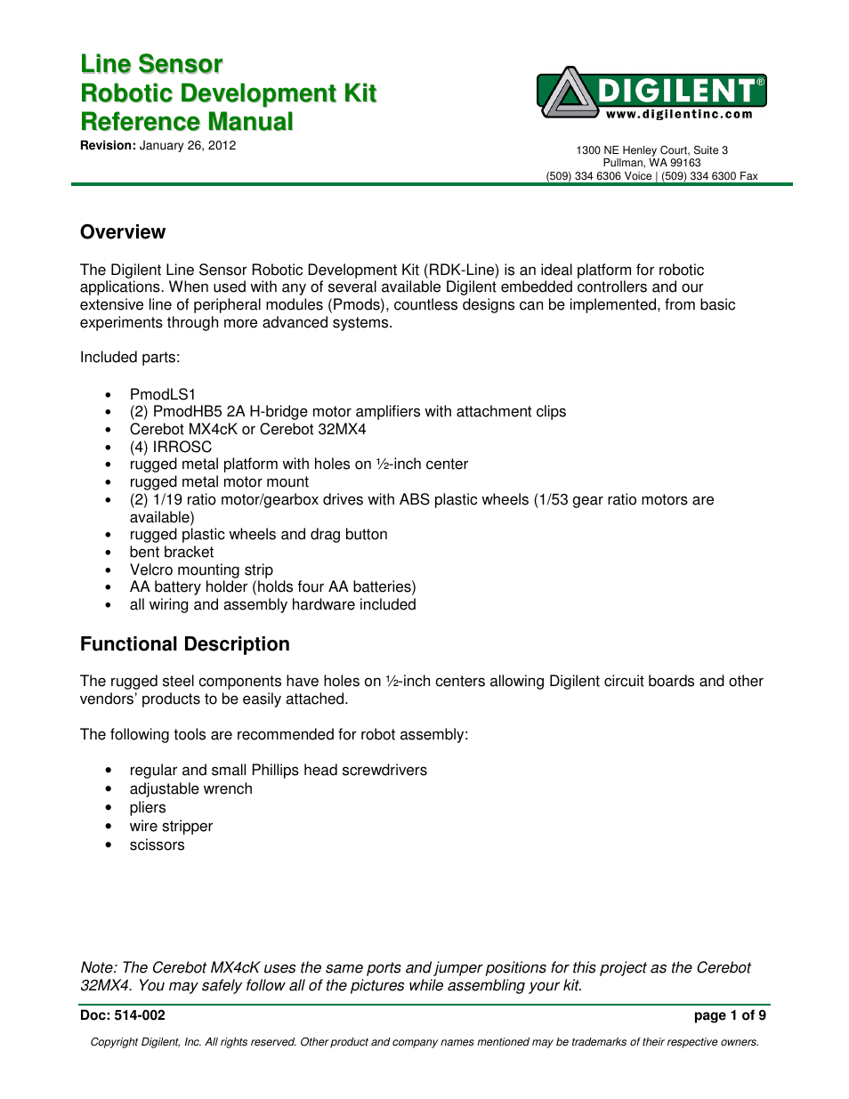 Digilent Robotic Development Kit User Manual | 9 pages