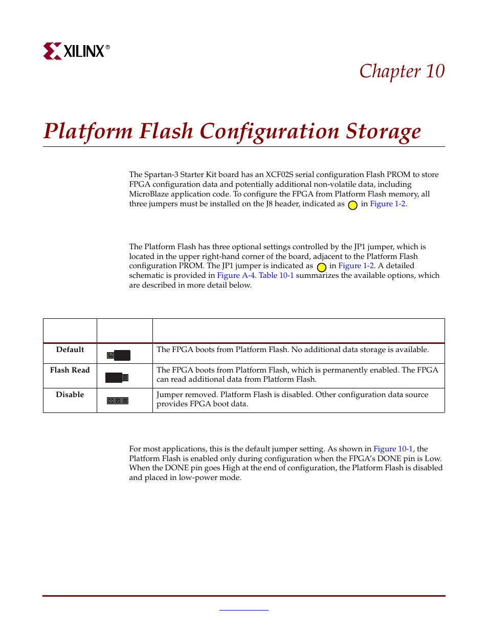 Platform flash configuration storage, Platform flash jumper options (jp1), Default” option | Chapter 10: platform flash configuration storage, Chapter 10, “platform flash configuration storage, Platform flash jumper options, Jp1), Chapter 10 | Digilent 410-044-10P-KIT User Manual | Page 38 / 64