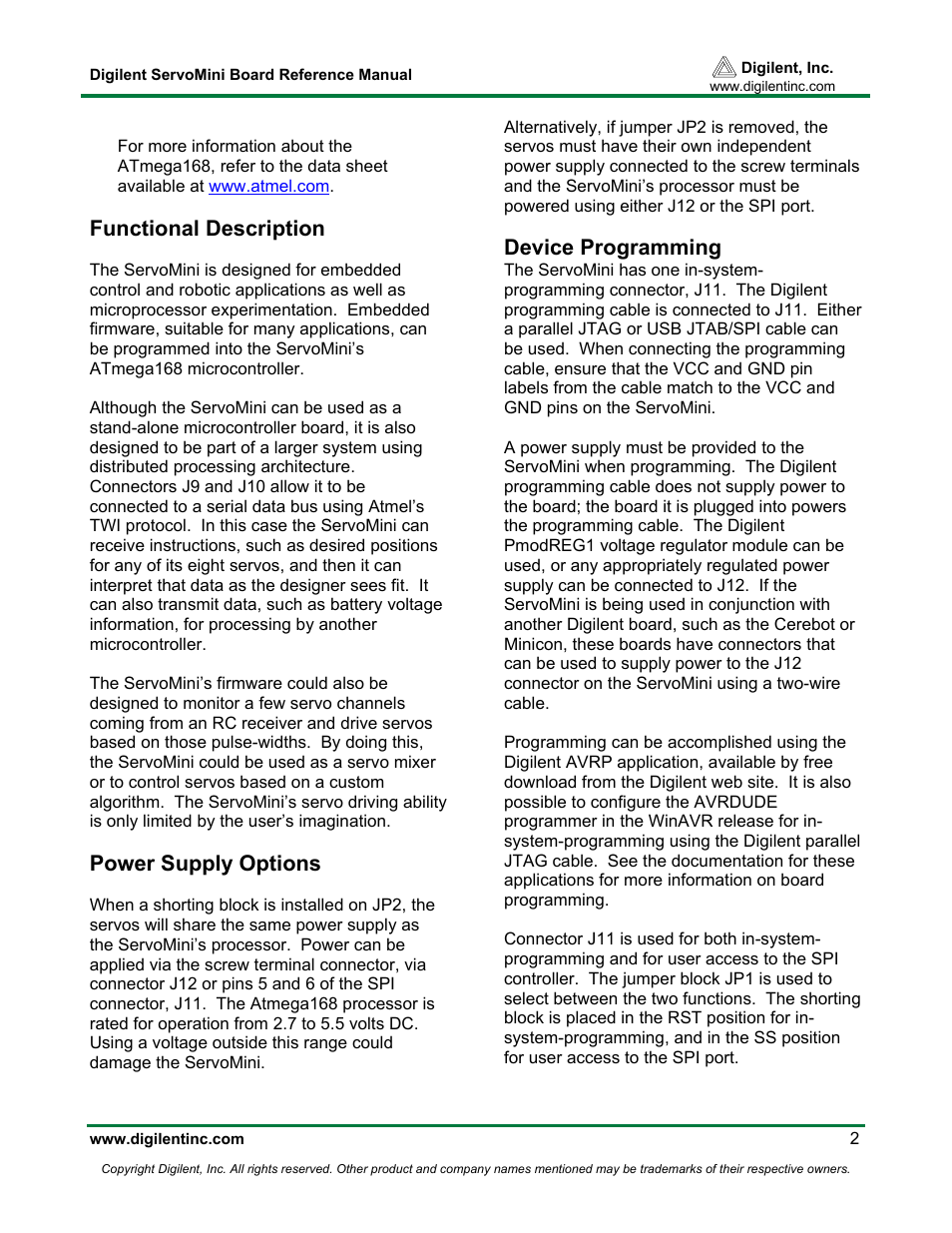 Functional description, Power supply options, Device programming | Digilent ServoMini User Manual | Page 2 / 4