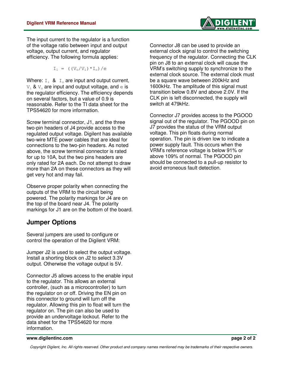 Jumper options | Digilent VRM User Manual | Page 2 / 2
