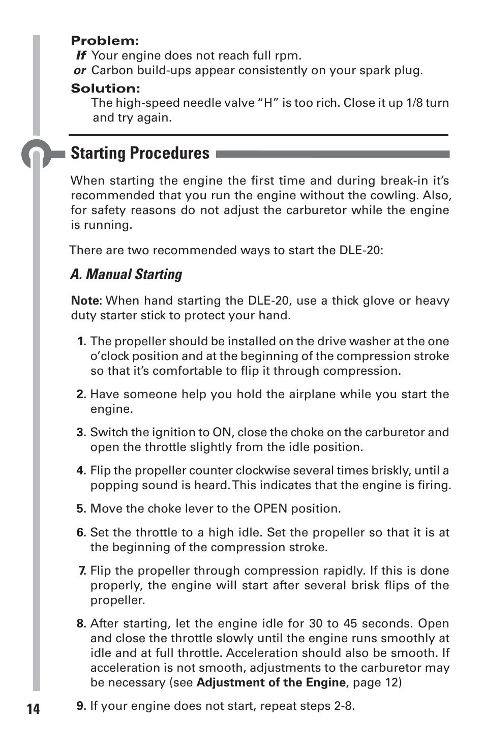 Starting procedures, A. manual starting | DLE 20 User Manual | Page 14 / 24