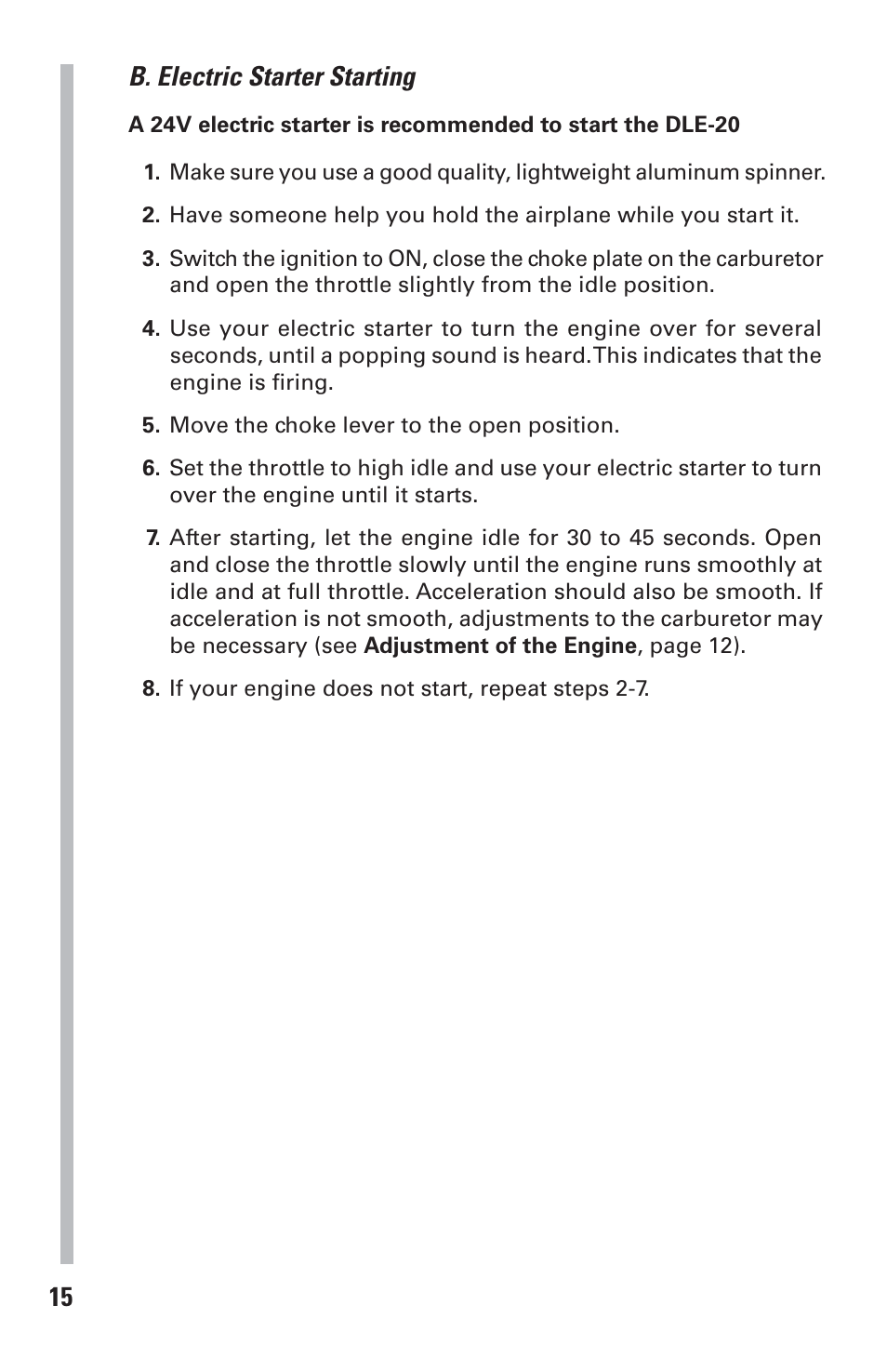 15 b. electric starter starting | DLE 20 User Manual | Page 15 / 24