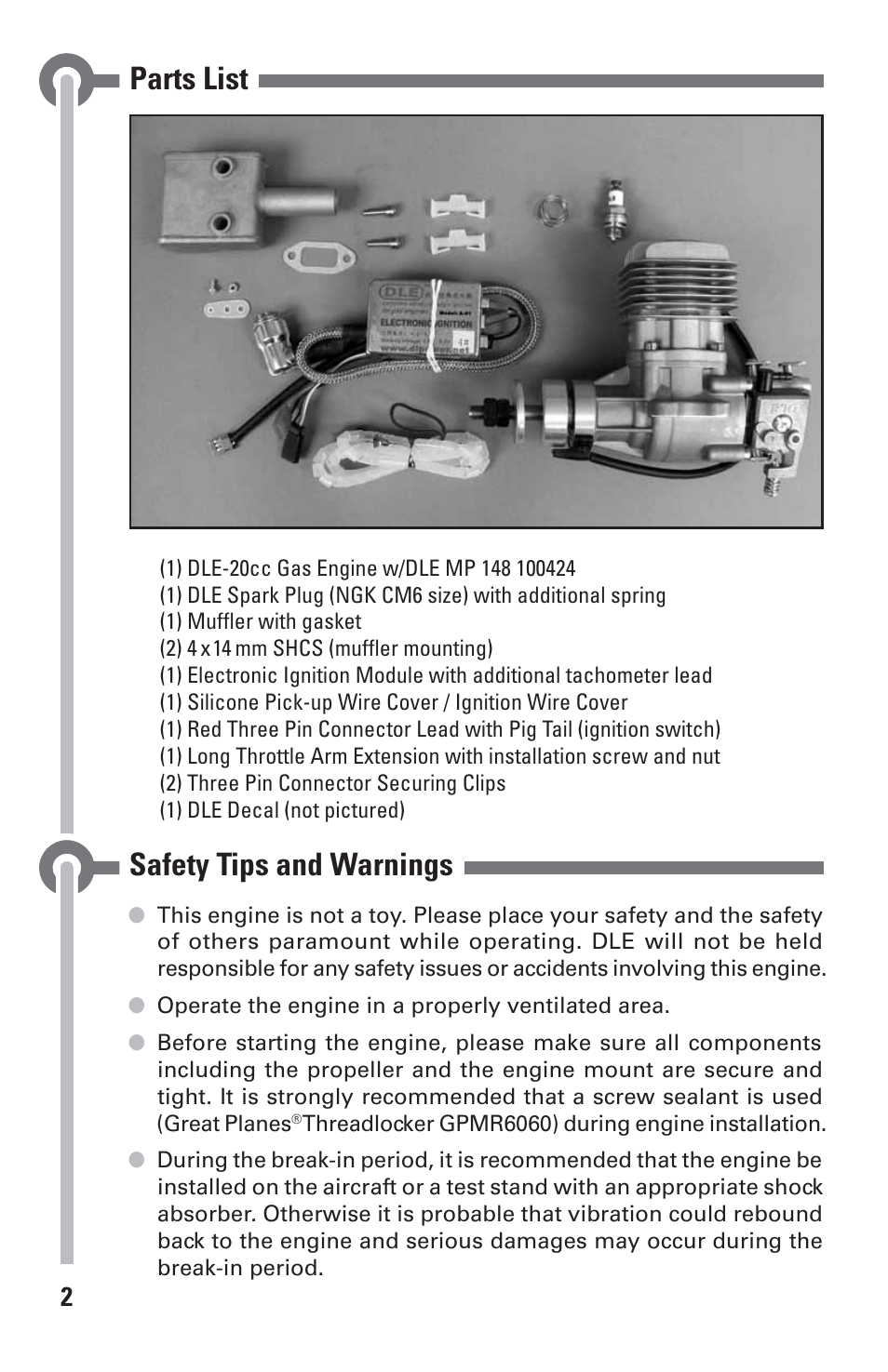Parts list, Safety tips and warnings | DLE 20 User Manual | Page 2 / 24