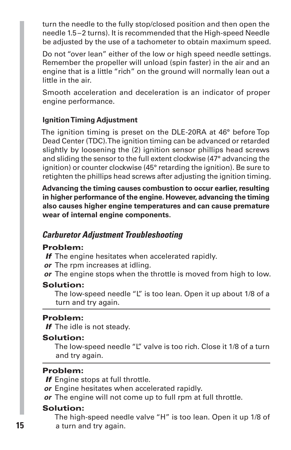 Carburetor adjustment troubleshooting | DLE 20RA User Manual | Page 15 / 24