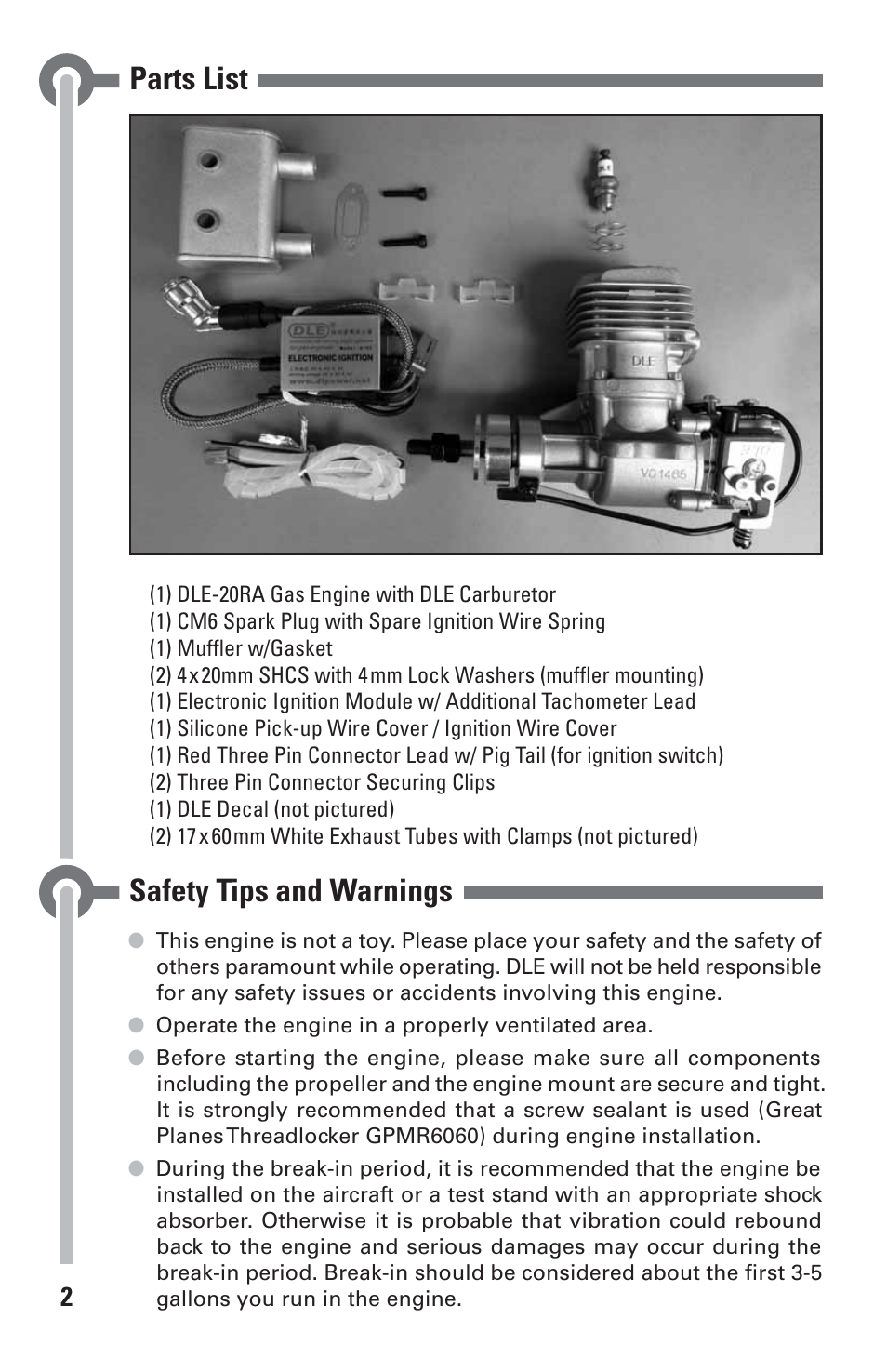 Parts list, Safety tips and warnings | DLE 20RA User Manual | Page 2 / 24
