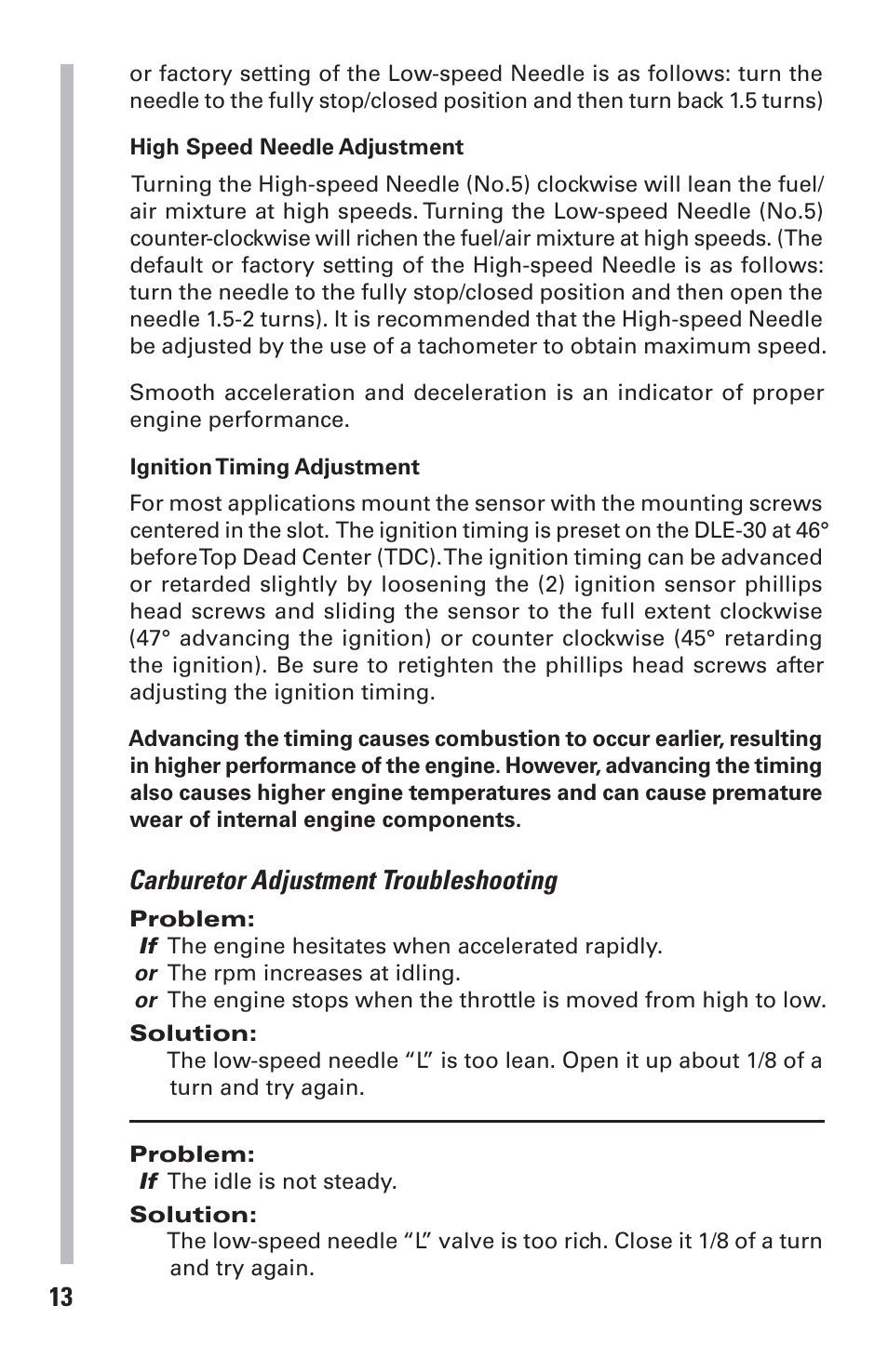 Carburetor adjustment troubleshooting | DLE 30 User Manual | Page 13 / 24