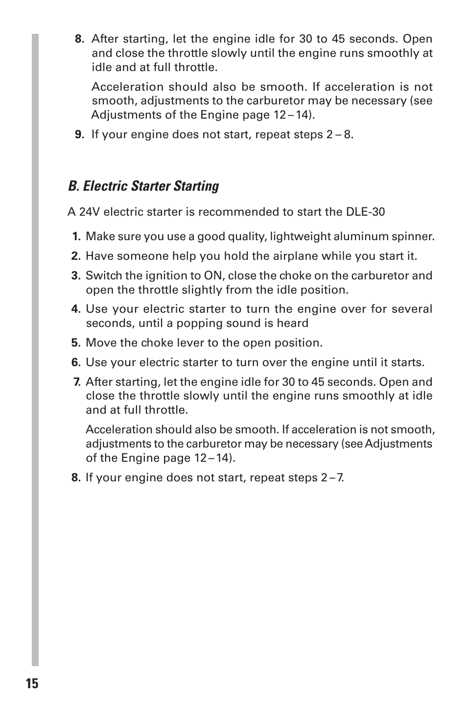 B. electric starter starting | DLE 30 User Manual | Page 15 / 24