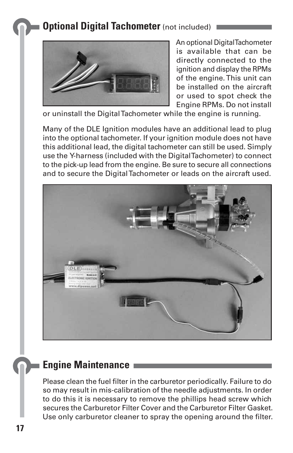 Optional digital tachometer, Engine maintenance | DLE 30 User Manual | Page 17 / 24