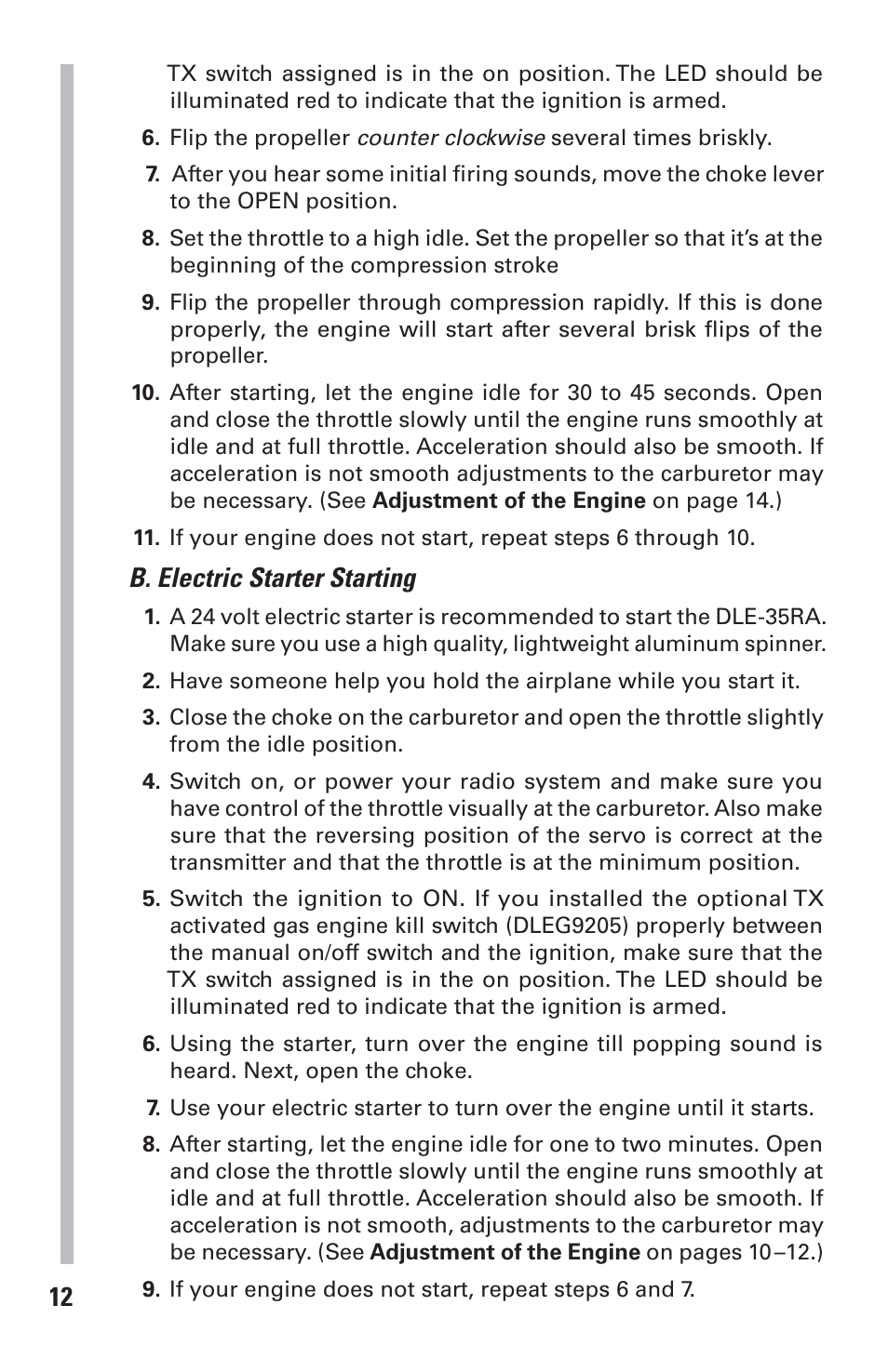 B. electric starter starting | DLE 35RA User Manual | Page 12 / 24