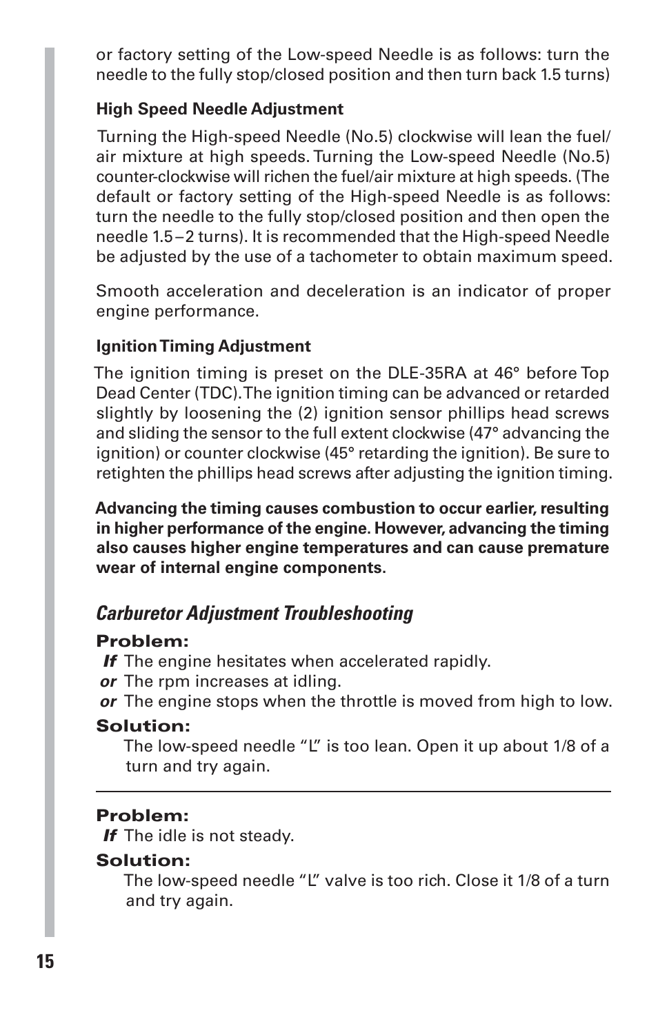 Carburetor adjustment troubleshooting | DLE 35RA User Manual | Page 15 / 24