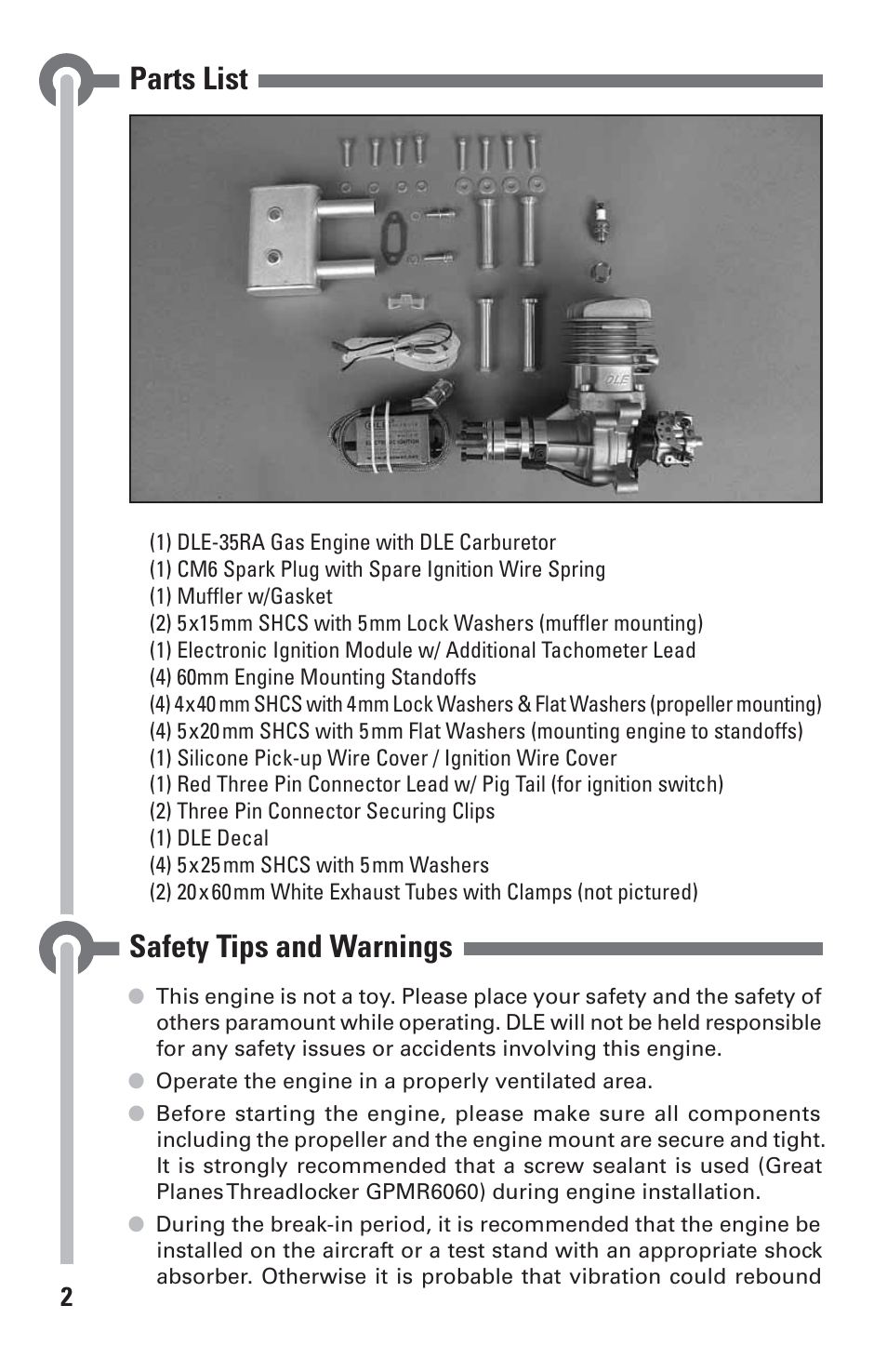 Parts list, Safety tips and warnings | DLE 35RA User Manual | Page 2 / 24