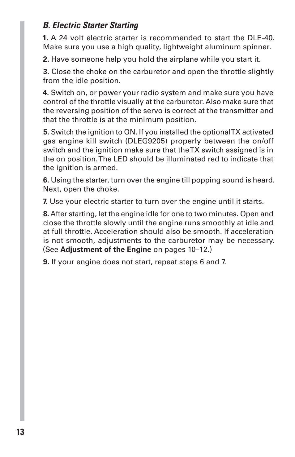 13 b. electric starter starting | DLE 40 User Manual | Page 13 / 24