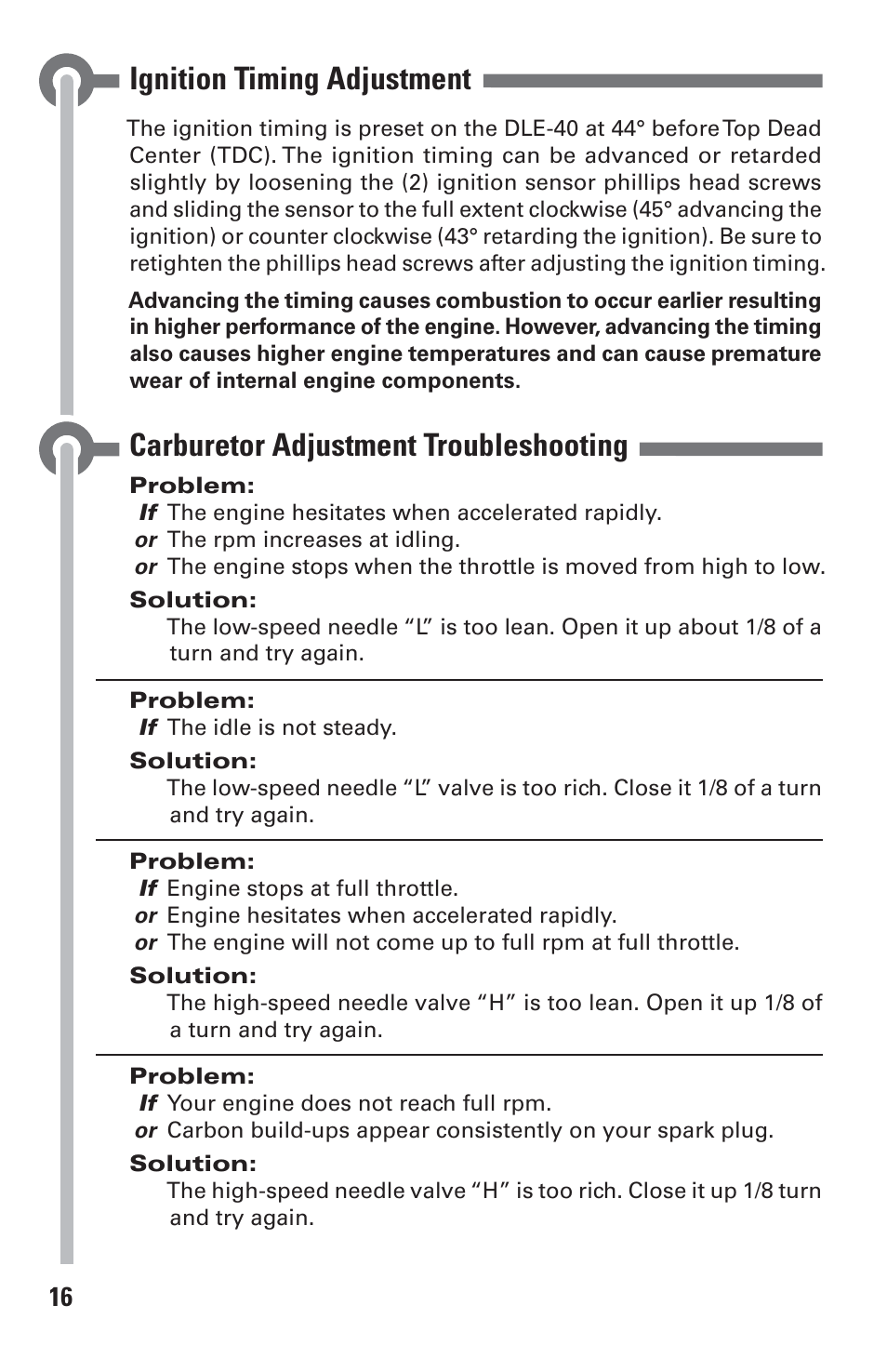 Ignition timing adjustment, Carburetor adjustment troubleshooting | DLE 40 User Manual | Page 16 / 24