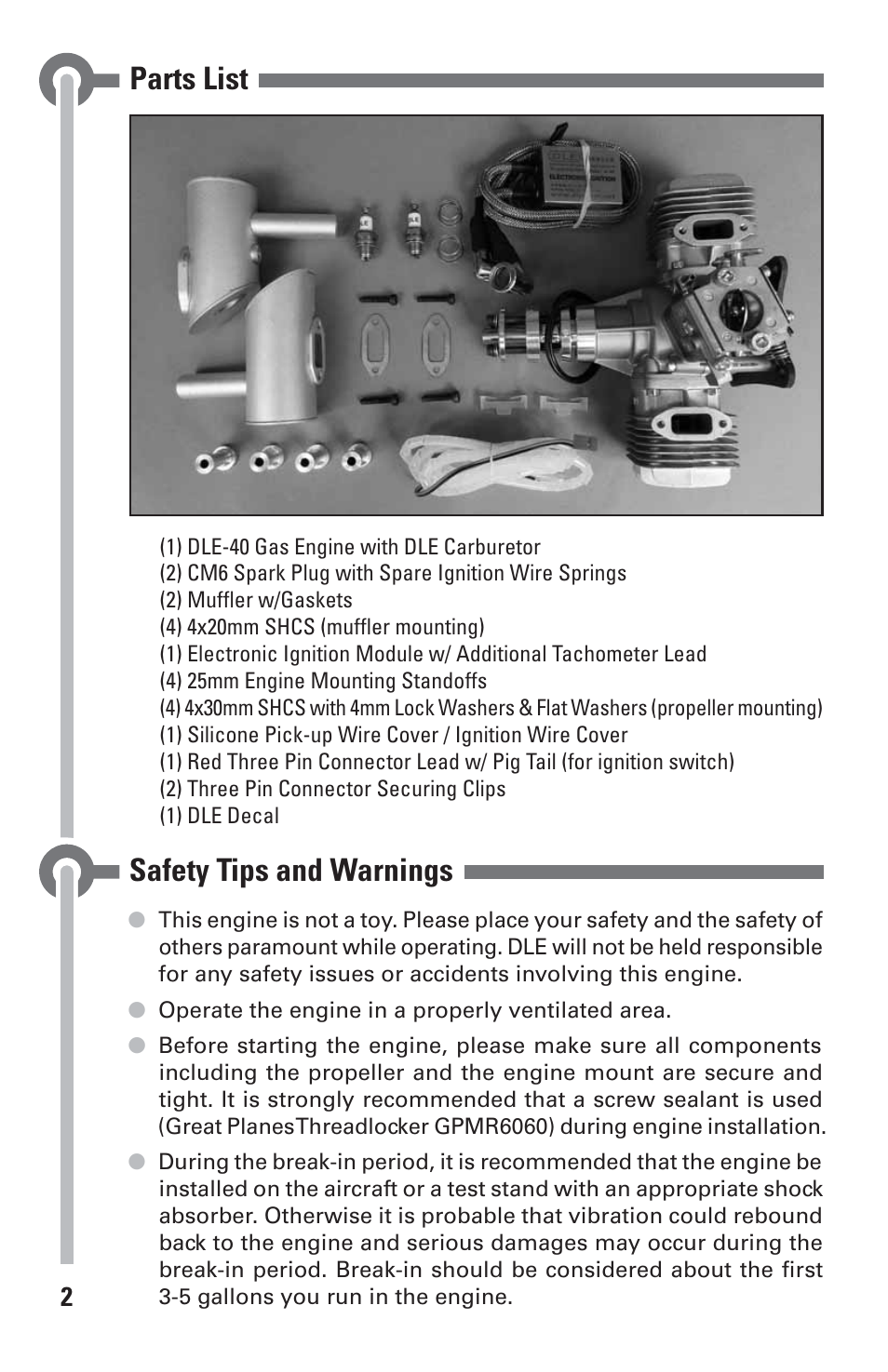 Parts list, Safety tips and warnings | DLE 40 User Manual | Page 2 / 24