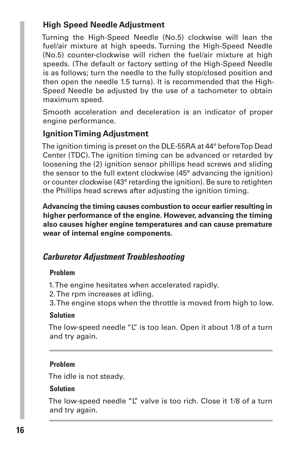 Carburetor adjustment troubleshooting | DLE 55RA User Manual | Page 16 / 24