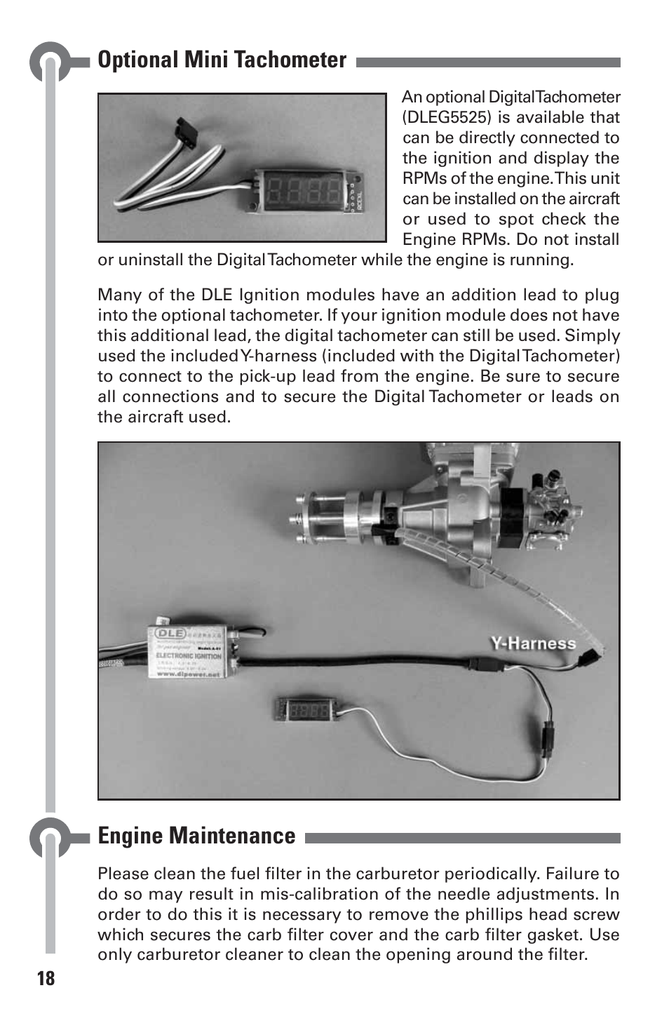 Optional mini tachometer, Engine maintenance | DLE 55RA User Manual | Page 18 / 24