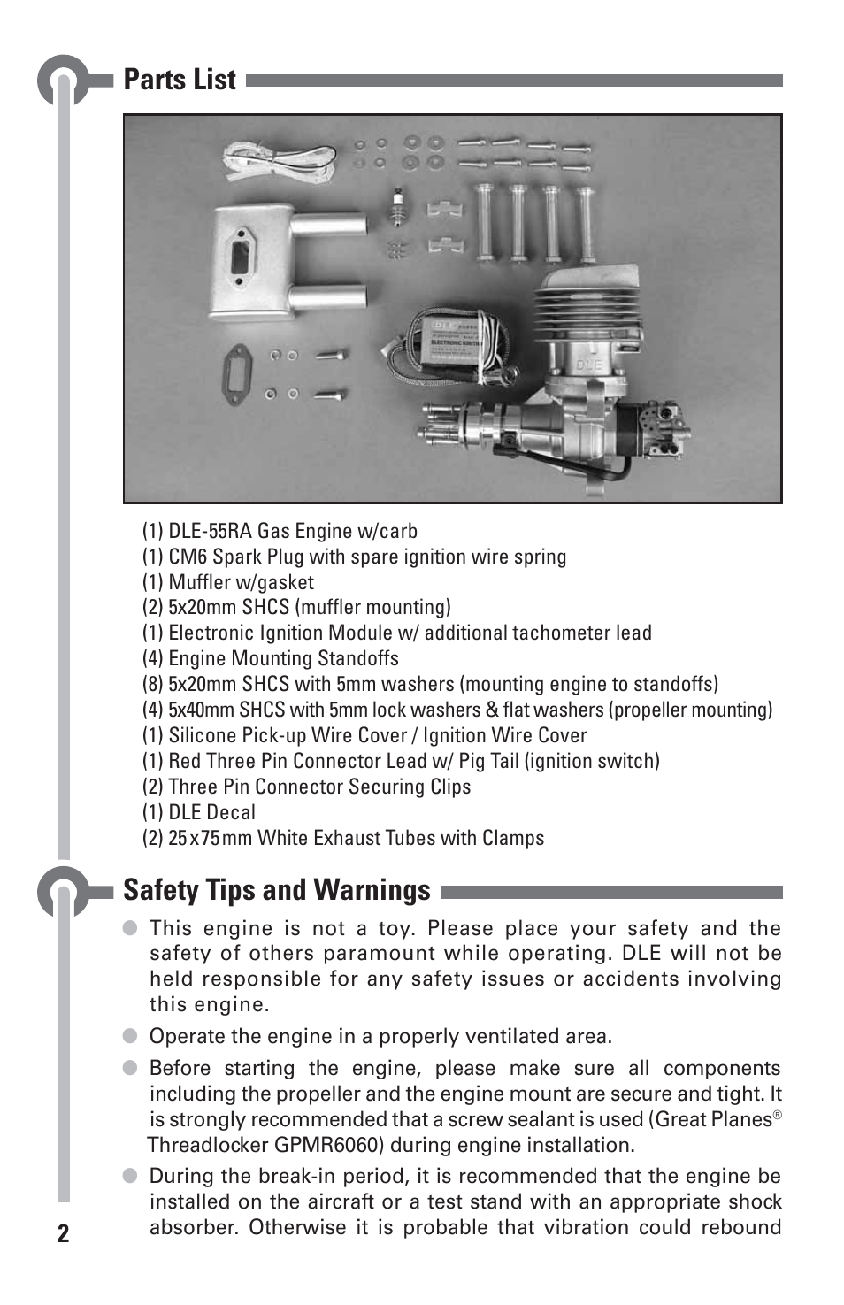 Parts list, Safety tips and warnings | DLE 55RA User Manual | Page 2 / 24