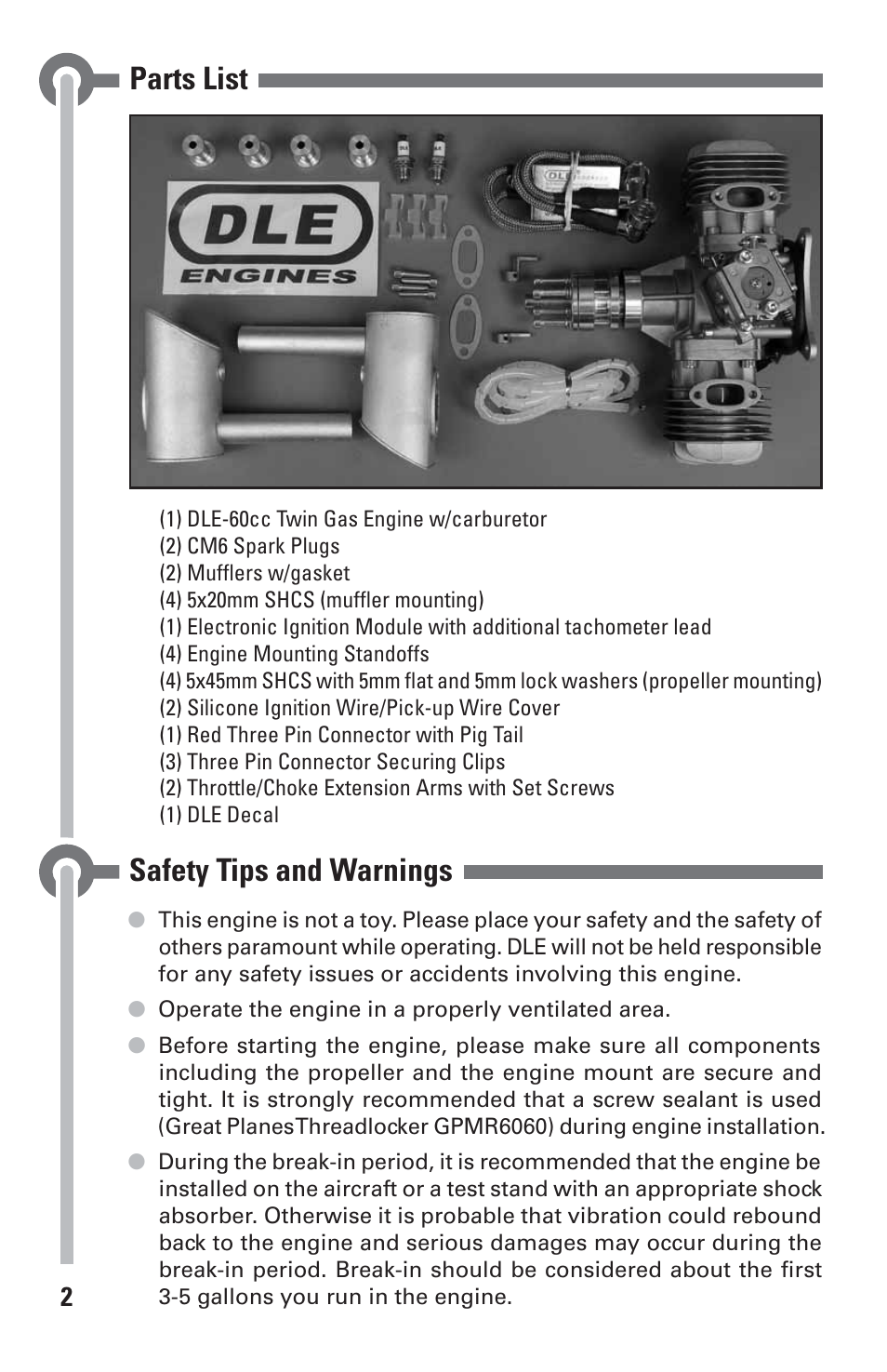 Parts list, Safety tips and warnings | DLE 60 User Manual | Page 2 / 24