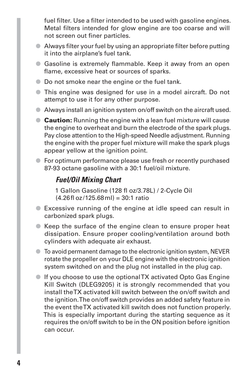 Fuel/oil mixing chart | DLE 60 User Manual | Page 4 / 24