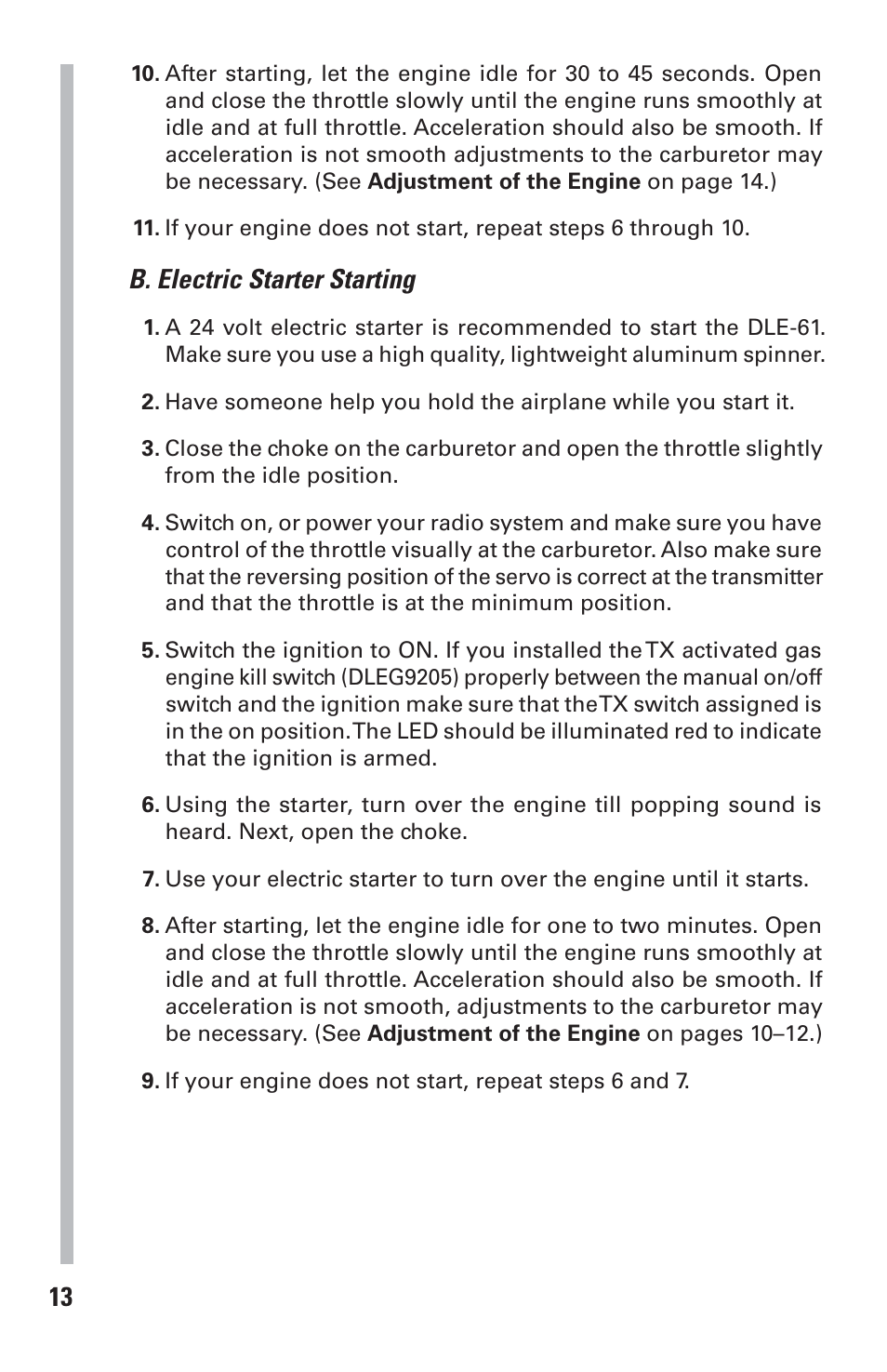 B. electric starter starting | DLE 61 User Manual | Page 13 / 24