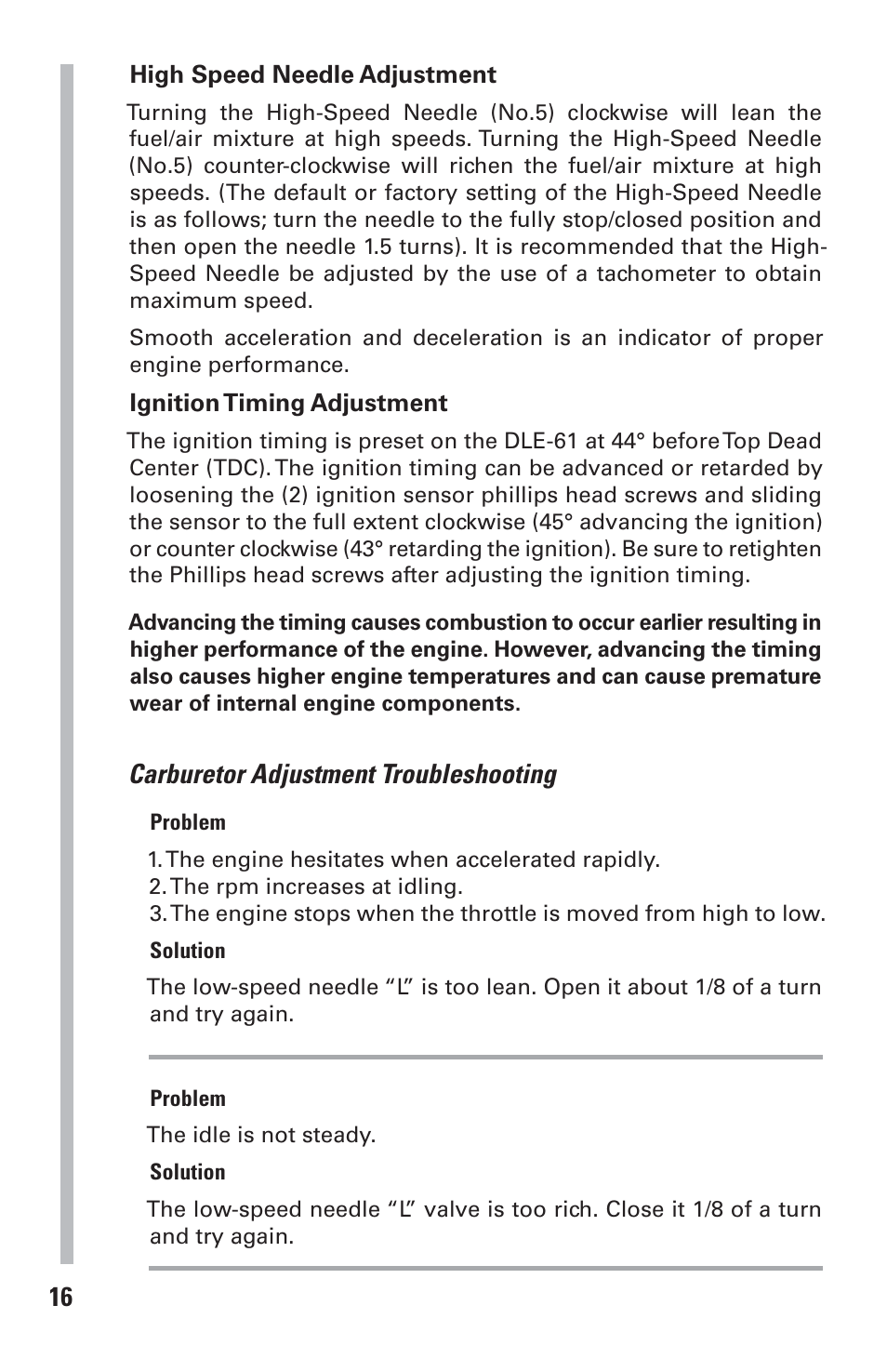Carburetor adjustment troubleshooting | DLE 61 User Manual | Page 16 / 24