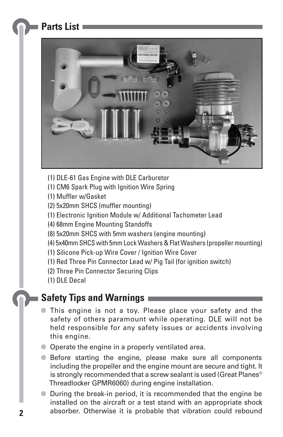 Parts list, Safety tips and warnings | DLE 61 User Manual | Page 2 / 24