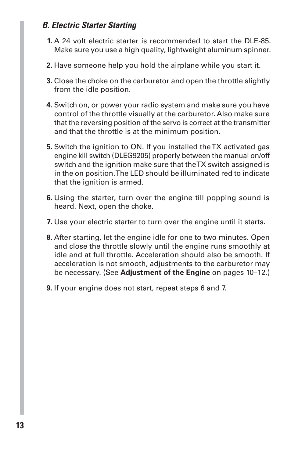 13 b. electric starter starting | DLE 85 User Manual | Page 13 / 24