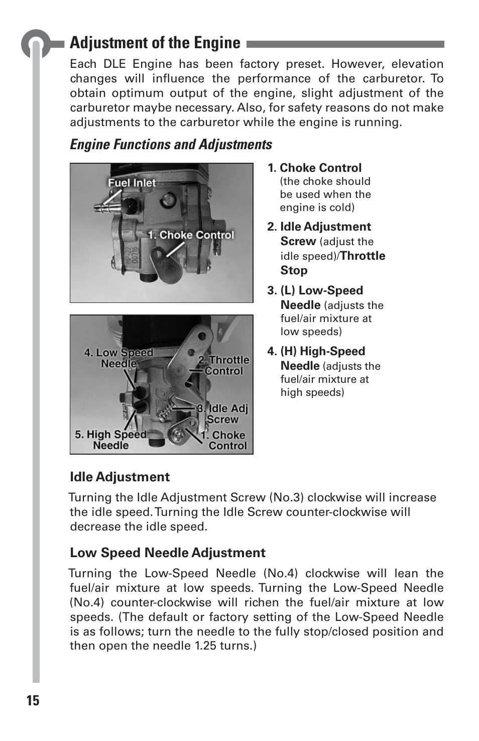 Adjustment of the engine, Engine functions and adjustments | DLE 85 User Manual | Page 15 / 24