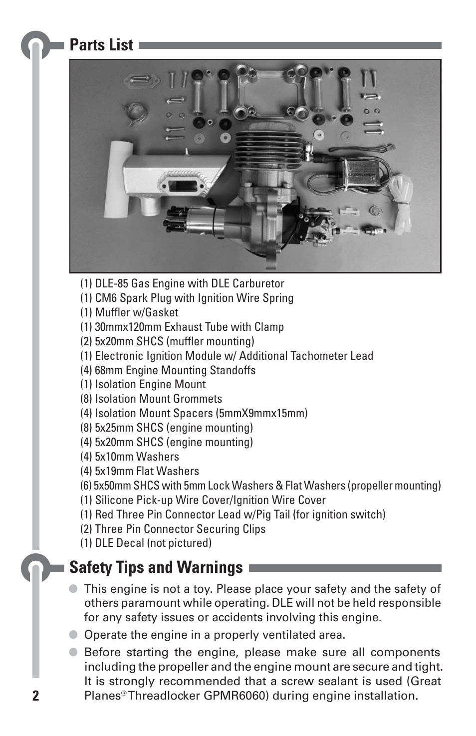 Parts list, Safety tips and warnings | DLE 85 User Manual | Page 2 / 24