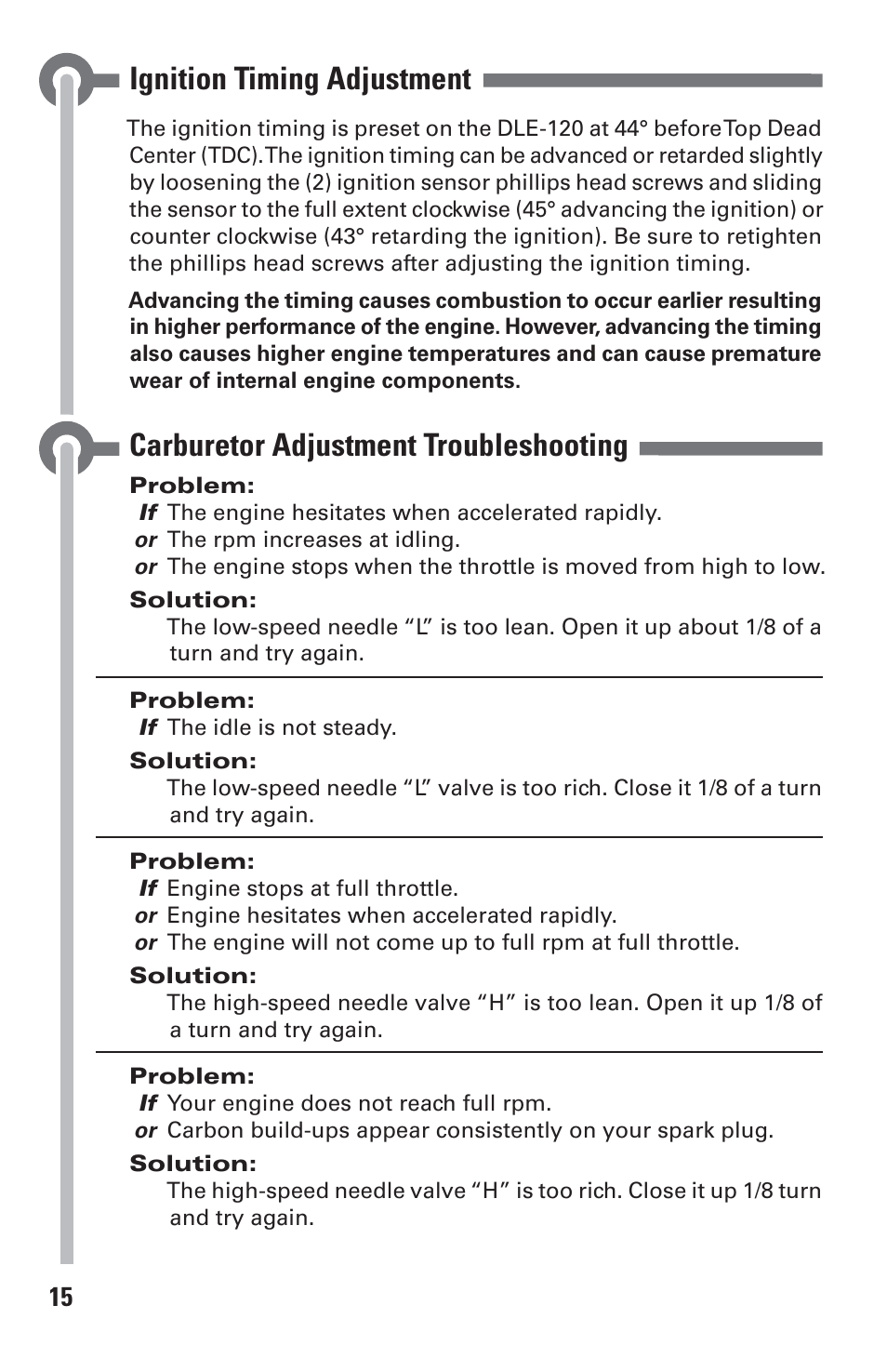 Ignition timing adjustment, Carburetor adjustment troubleshooting | DLE 120 User Manual | Page 15 / 24