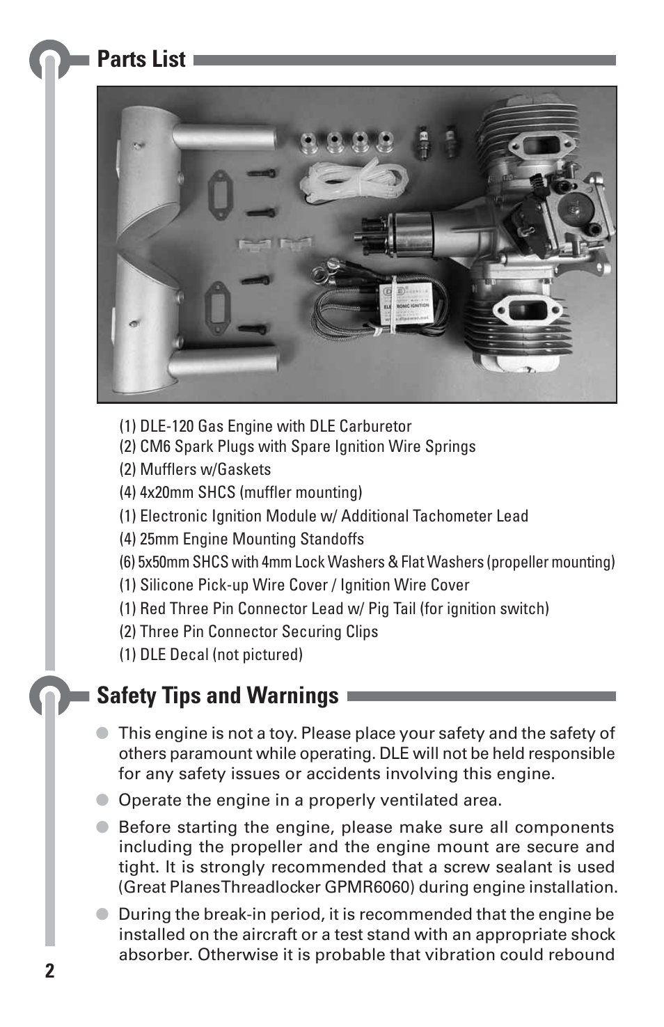 Parts list, Safety tips and warnings | DLE 120 User Manual | Page 2 / 24